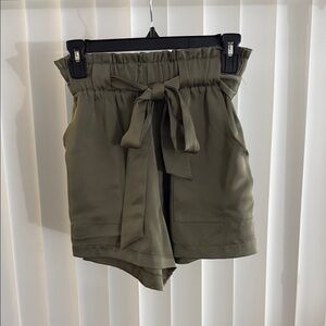Olive Green Women's Satin Shorts with Bow Tie